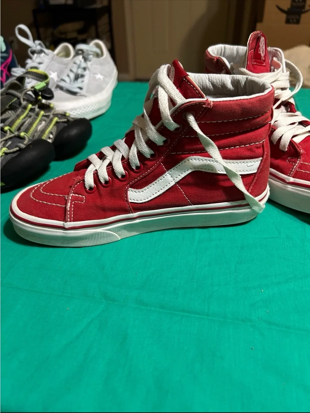 Vans Kids Red and White High Top Skate Sneakers